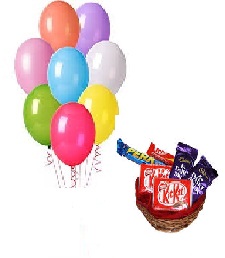 10 Air filled Balloons Chocolates Basket(2 Kikat 2 dairy Milk 2 Perk)