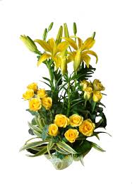 Yellow lilies yellow roses basket