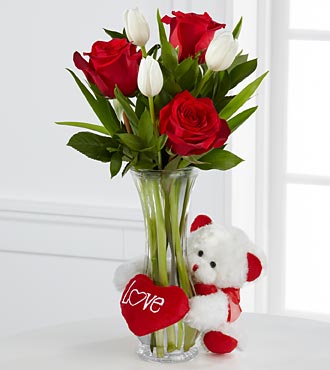 6 red and white roses in vase with Teddy and valentine heart