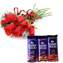 6 red roses bouquet with Three Cadburys Silk Chocolates