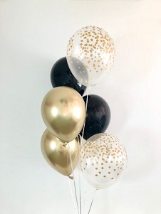2 Clear with gold confetti and 2 gold with 2 black balloons on the sticks