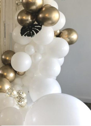 30 white and gold air filled balloons decorated with leaves