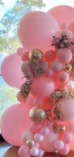 40 pink gold large and small balloons with golden painted leaves and flowers