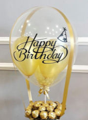 Happy birthday printed aqua balloon stuffed with yellow balloons and 16 Ferrero chocolates