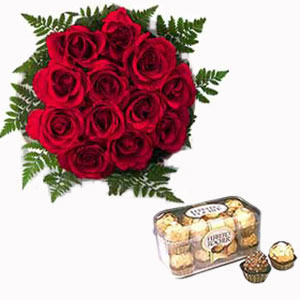 Dozen Roses and 16 Ferrero Rocher Chocolates
