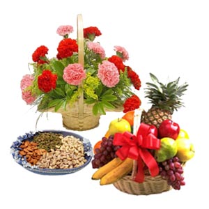 1/2 kg Dry fruits 12 flowers basket with fresh fruits 2 kg