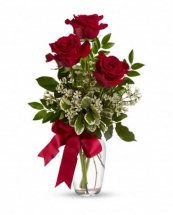 3 red roses in a vase