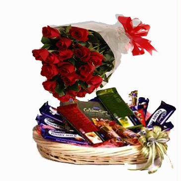 Chocolates Basket with 12 red roses bouquet