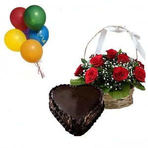 5 Air Balloons 1 Kg Heart Cake 12 Red Rose Basket