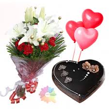 Heart Shaped Cake 1 kg 3 heart balloons and White lilies red roses bouquet