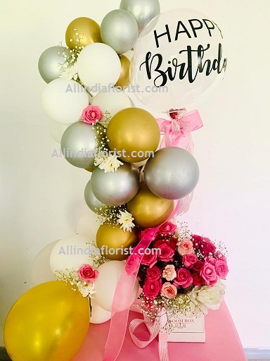 50 White Silver Gold Balloons Air filled with happy birthday printed balloon 12 roses