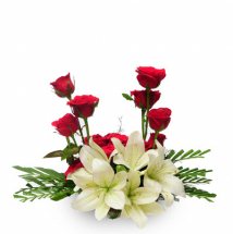 Red Roses and white Lilies in a Basket