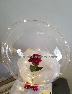 1 Red rose inside a transparent balloon with Red Wrapping and LED string lights