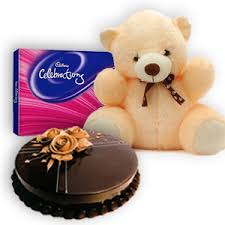 Celebration chocolate box with 1/2 Kg chocolate cake and Teddy bear 6 inches