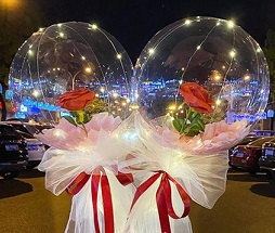 Two red roses inside 2 transparent bubble balloons with string lights wrapped in white and red