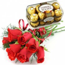 16 pieces box of ferrero rocher Chocolates + 6 Red Roses