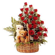 2 Teddies(6 inches each)+24 Red Roses in same Basket