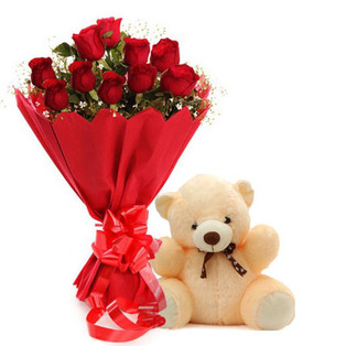 Dozen red roses with Teddy 6 inches
