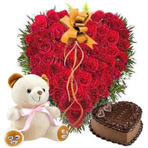 25 red roses Heart 6 inches Teddy 1/2 Kg Chocolate Cake